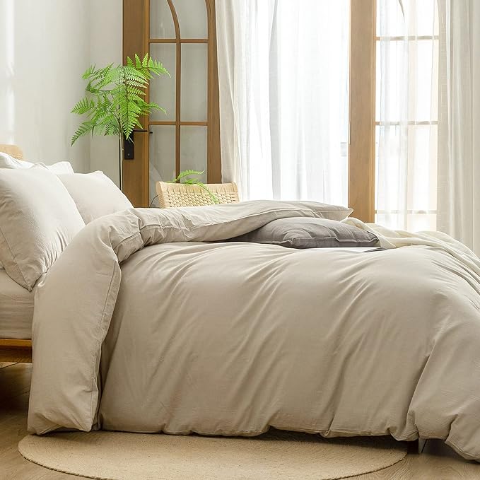 BESTOUCH Duvet Cover Set 100% Washed Cotton Linen Feel Super Soft Comfortable Chic Lightweight 3 PCs Home Bedding Set Solid Almond Milk Grey Oversized Queen
