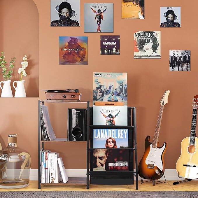 Record Player Stand, 3-Tier Vinyl Record Storage, Turntable Stand with Now Playing Holder, Vinyl Display for Living Room, Rustic Brown