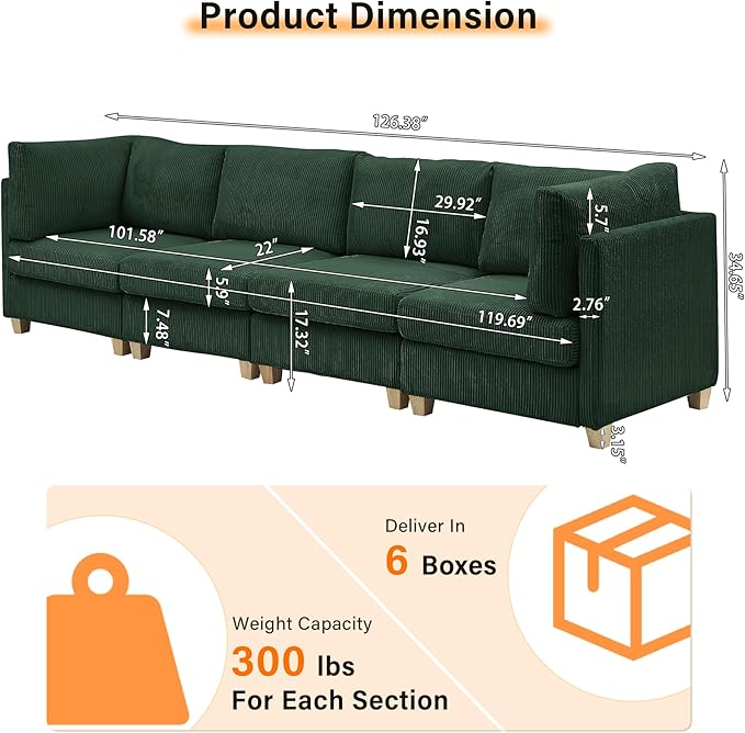126" Convertible L-Shaped Modular Sectional Sofa, 4 Seater Corduroy Upholstered Corner Sofa Couch with Extra Wide Deep Seat, DIY Combination Lounger Sofa with Solid Wood Legs for Living Room Office
