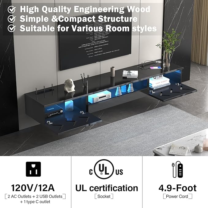 Floating TV Stand, 71" Floating Entertainment Center Wall Mounted,Floating Wall Mounted TV Shelf with Led Lights and Power Outlet,Modern High Gloss tv Cabinet Media Console with Storage