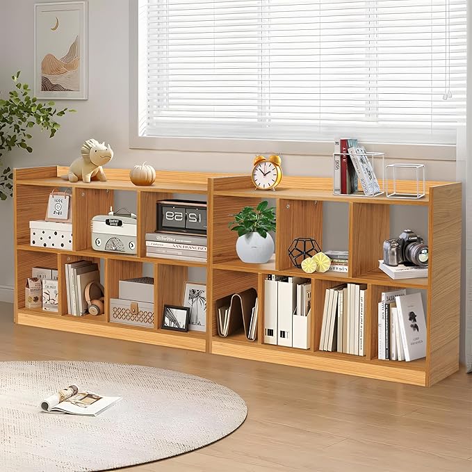 DOUSY- 7 Cube Bookshelf, Open Wooden Bookcase with Base, 2 Tier Cube Shelf Storage Organizer Shelf Display Rack Freestanding Horizontal Bookshelves for Bedroom, Living Room, Home Office