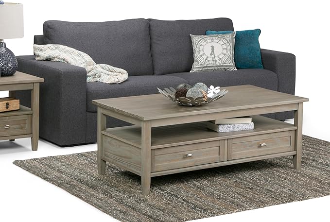 SIMPLIHOME Warm Shaker Coffee Table - 48 inch Wide Solid Wood Cocktail Table in Distressed Grey, Transitional Living Room Table with 2 Storage Drawers and Open Shelf for Sitting Area or Lounge