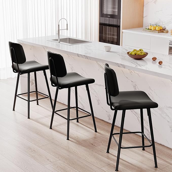 24-Inch Leather Bar Stools Set of 4, Counter Height Barstools with High Backrest，Bar Chairs for Kitchen Island with Heavy Duty Metal Legs, Black