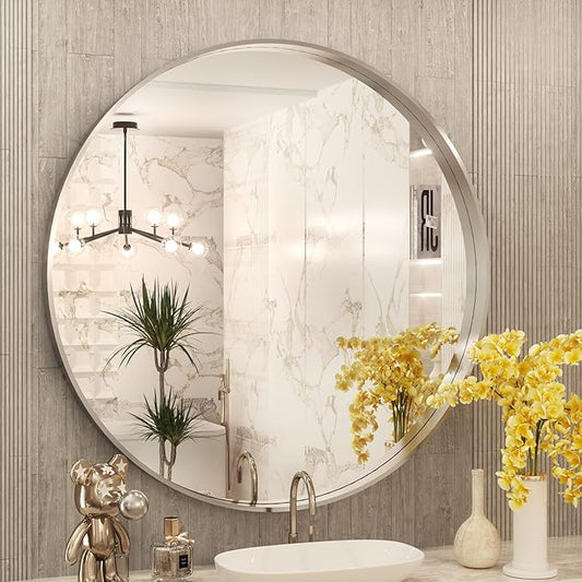 TokeShimi Round Mirror 30 Inch Brushed Silver Round Bathroom Mirror for Wall Non-Rusting Aluminum Alloy Brushed Silver Metal Frame Modern Circle Mirror Fit in Minimalist Multi Style for Decor