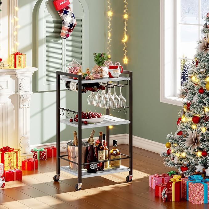 TUTOTAK Bar Cart, Home Bar Serving Cart, Small Wine Cart with 3-Tier Shelf, Beverage cart, Drink Cart with Wine Rack and Glass Holder, Rolling bar carts for Home, Living Room, Marble White BC01BM035