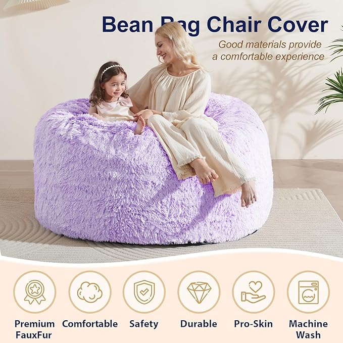 Huge Bean Bag Covers Only, Fluffy Stuffed Beanbag Chair Covers No Filler, Washable Bean Bags Cover for Adults, Stuffed Animal Bean Bag Anti-Slip, 6FT, Purple