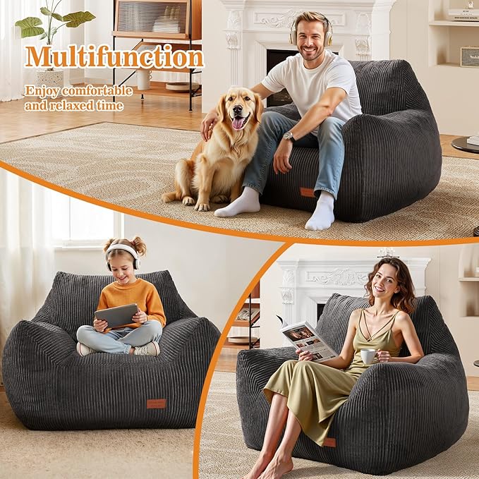 Big Bean Bag Chair for Adults & Kids, Ultra Soft Living Room Bean Bag with Armrests & Ottoman, Stuffed BeanBag Floor Sofa for Napping, Gaming, Lounging, Dark Gray