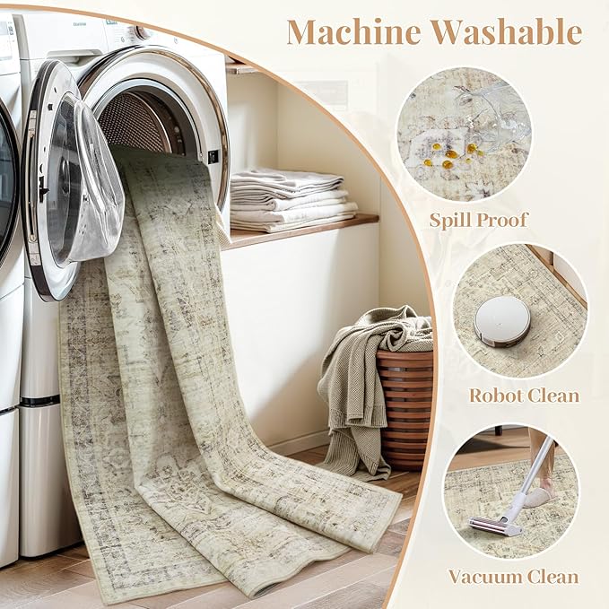 LIVEBOX Washable 2.5x8 Runner Rugs for Entryway Bathroom, Boho Kitchen Floor Mats Long Rug Runners for Hallways Non Slip, Farmhouse Low-Pile Carpet Runners for Laundry Room, Tan