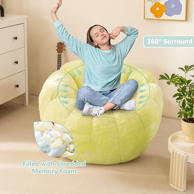 Pumpkin Bean Bag Sofa Chair, Bean Bag Chair with Filler for Teens, Kids, Toddler, Comfy and Lazy Sofa for Dorm, Apartment, Living Room and Bedroom, Grass Green