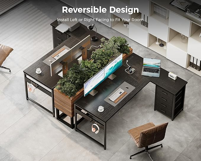 AODK L Shaped Gaming Desk with 4 Drawers, 53" Reversible Home Office Desks with Power Outlets, L Shaped Computer Desk with USB Charging Port and Host Stand, Corner Desk, Easy to Assemble, Black