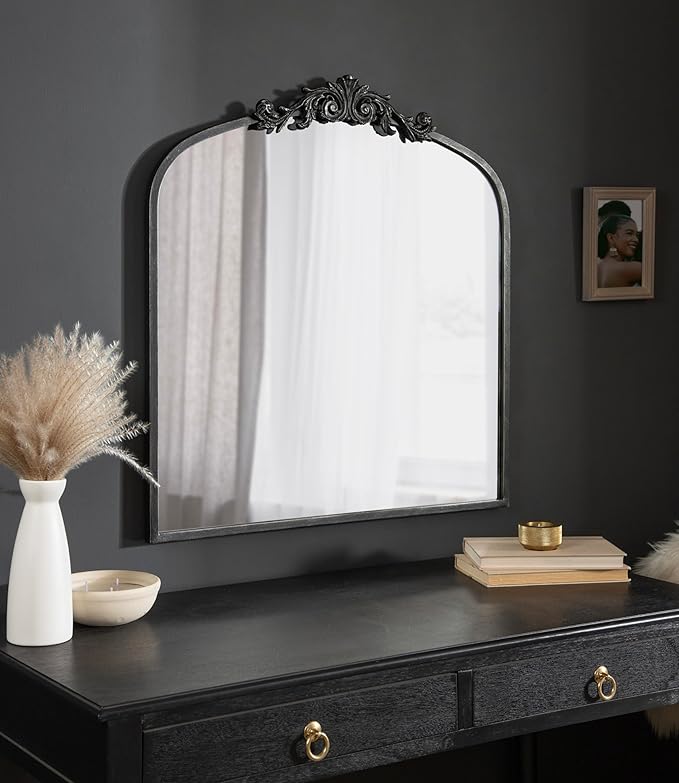 Kate and Laurel Arendahl Ornate Traditional Square Arched Mirror; 28 x 30; Antique Black; Decorative Baroque Style Arch Vintage Mirror with Wide Frame and Ornamental Crown