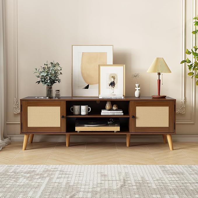 TV Stand for TVs up to 65 inches, Rattan Grain Finish Panel with 2 Storage cabinets, Modern Minimalist Style, Living Room, Audio-Visual Room for Multiple Rooms,3 Colors Available (Walnut)