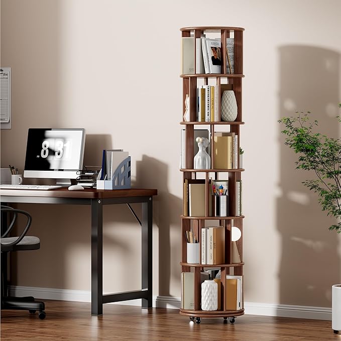 KEIKI 360° Spinning Revolving Bookcase, Solid Wood 6 Tier Rotating Bookshelf with Storage, Narrow Tall Book Rack & Art Deco Bookshelf Organizer, Walnut