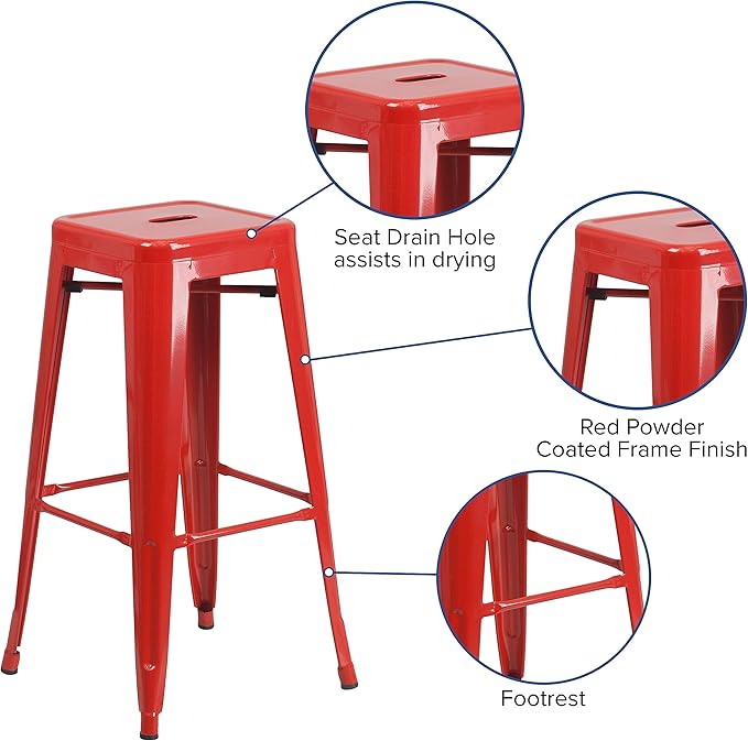 Flash Furniture Lily 4 Pack Commercial Grade 30" High Backless Red Metal Indoor-Outdoor Barstool with Square Seat