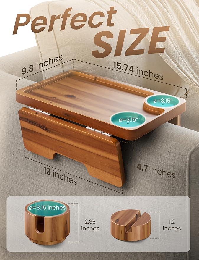 Holana 15.74" x 9.8" Couch Arm Table with Phone + Cup Holder 3 in 1 – Large Wooden Sofa Armest Tray – Double Hinge Sofa Arm Tray Table Clip - Wooden Side Tables for Eating and Drink (Acacia Wood)