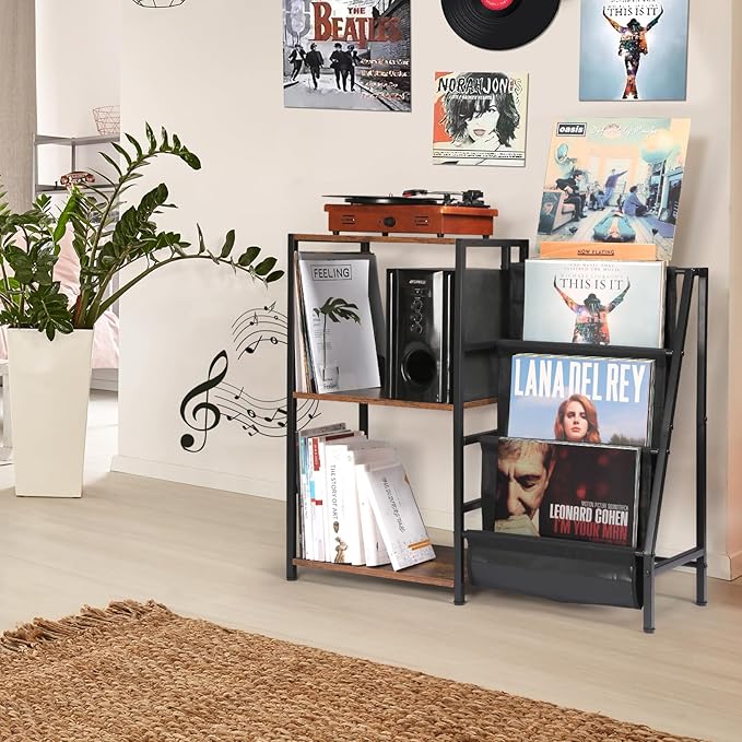 Record Player Stand, 3-Tier Vinyl Record Storage, Turntable Stand with Now Playing Holder, Vinyl Display for Living Room, Rustic Brown