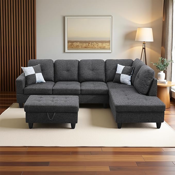 Couches for Living Room Modern L Shaped Couch Comfy Linen Fabric 3 Pieces Sectional Sofa with Chaise, Ottoman with Storage for Office and Small Apartment, Black Grey