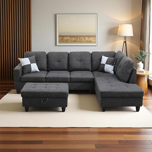Couches for Living Room Modern L Shaped Couch Comfy Linen Fabric 3 Pieces Sectional Sofa with Chaise, Ottoman with Storage for Office and Small Apartment, Black Grey