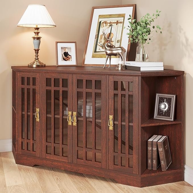 IRONCK Corner TV Stand for TVs up to 60 Inch with Power Outlet, Corner Entertainment Center with Storage Cabinet and Glass Doors, Mid Century Modern TV Stand for Living Room, Bedroom, Red Walnut