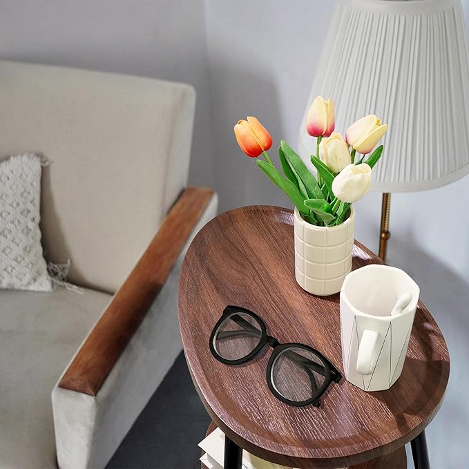 Side Table Small End Table, Oval & Round Wood Sofa Table, 2-Tier Accent Table Nightstand Bedside Table with Metal Frame for Living Room, Bedroom, Small Spaces (Rustic Brown)