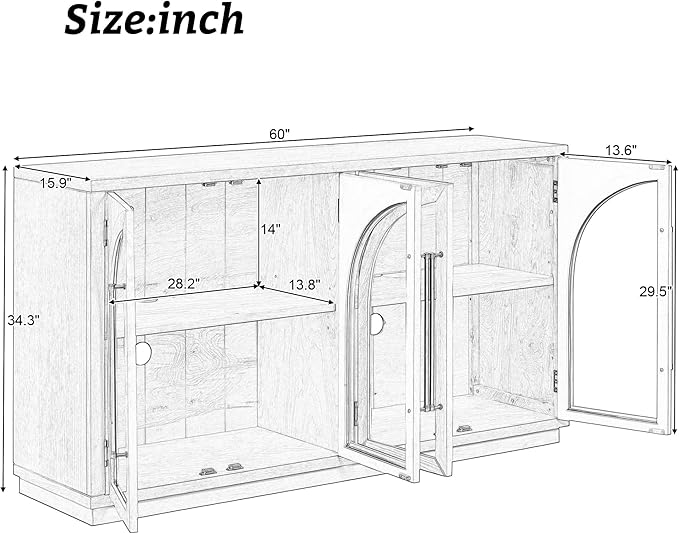 Merax Wood Farmhouse Buffet Sideboard with Adjustable Shelves and 4 Glass Doors, Coffee Bar Cabinet TV Stand for Living Room Bedroom Kitchen Black