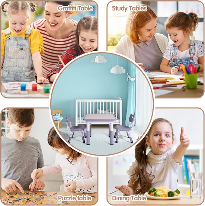 Kids Table and 2 Chairs Set, Height Adjustable Toddler Study Table and Chair Set, Kid Size for Ages 3-8 Children, Graffiti Desktop, Easy to Wipe/Arts & Crafts, Homes/Classrooms/Daycare (Grey)