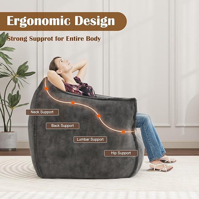 Giant Bean Bag Chair for Adults, Large Bean Bag Chair with Armrest, Living Room Fluffy Beanbag Couch with Filler Included, Comfy Washable Lazy Sofa Chair for Bedroom, Gray