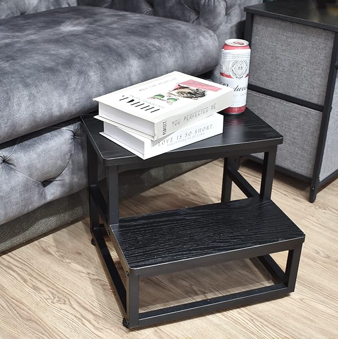Step Stool, Bedside Steps for High Beds with Round Corners, 2 Steps Footstool for Adults, Metal and Wood Stepping Stool for Kitchen Bedroom, Load 500 LB, Black