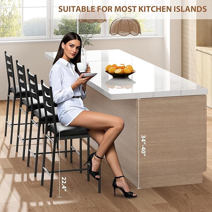 GarveeHome Bar Stools Set of 2, Wooden Barstools, Faux Leather Upholstered Bar Chair with Back & Footrest & Thick Cushion, Counter Height Bar Stools for Kitchen Island Apartment, Black