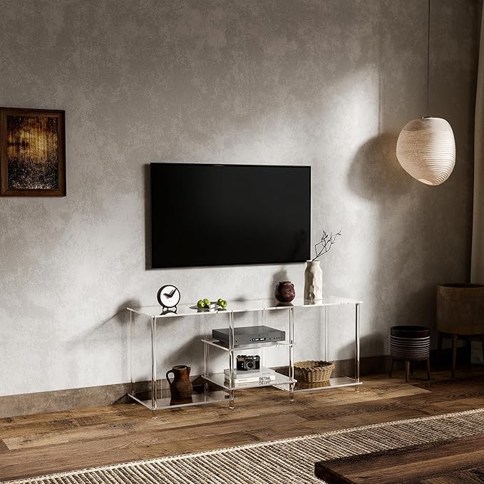 Eglaf Acrylic 55 Inch TV Stand - 3-Tier Entertainment Center - Clear TV Console Table with Open Storage Shelves, for Living Room, Bedroom - 55.1'' L x 15.7'' W x 22.4'' H, (TVs up to 60 Inch)