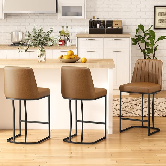 Counter Height Bar Stools Set of 2, Upholstered Leather Barrel Barstools with Back and Metal Legs for Kitchen Island, 27.4" Seat Height, Fabric in Faux Leather, Rustic Brown