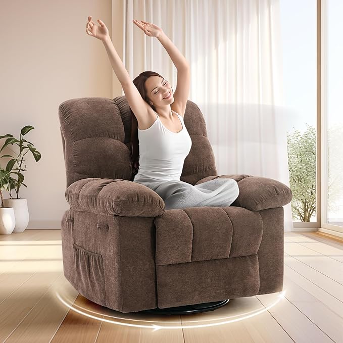 Rocking Recliner Chair,360° Swivel Rocker Chair for Living Room,Upholstered Fabric Glider Nursery Chair with Side Pockets for Small Spaces,Q235 Steel Frame Lazy Boy Recliner Single Sofa(Brown)