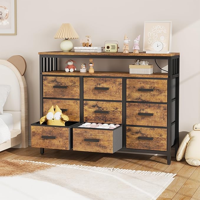 9 Drawer Dresser TV Stand up to for 50” TV with LED Lights & Power Outlets, Entertainment Center with Open Shelf, Media Console, Large Storage Dresser for Bedroom (Rustic Brown)
