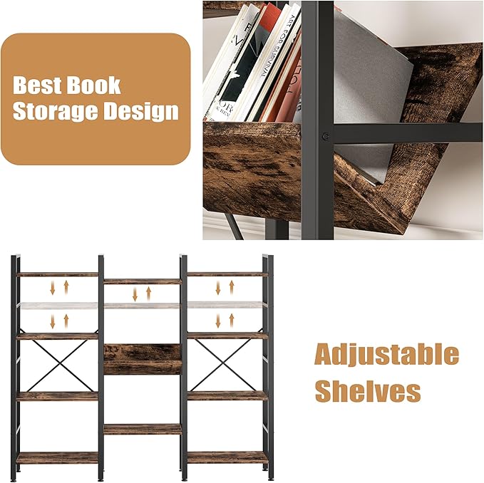 Shintenchi Industrial Bookcase,71.6” Triple 4 Tier Bookshelf with 11 Open Display Shelves,Large Etagere Bookshelf Open Record Player Shelves,Wide Book Shelf Book Case for Home & Office,Rustic Brown