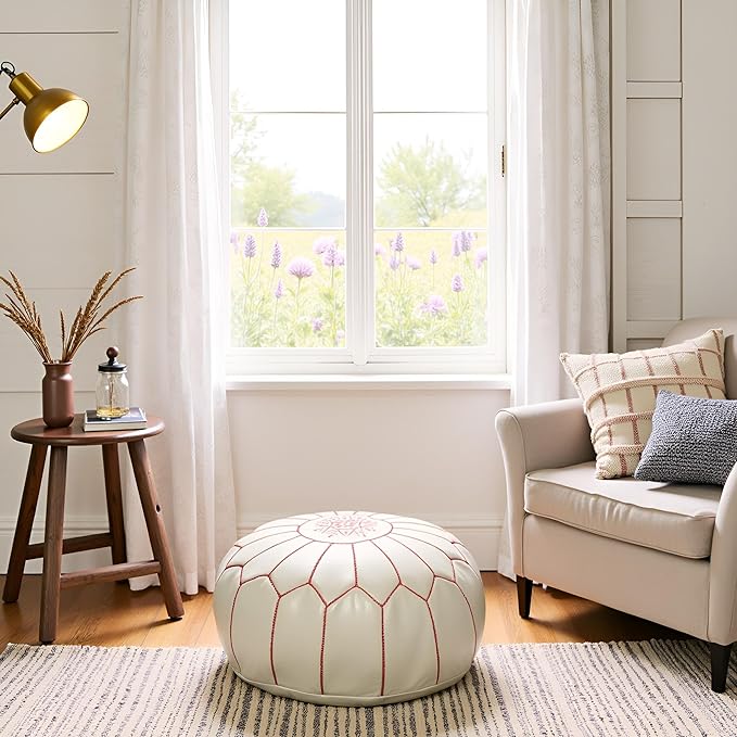 Stuffed Round Design Moroccan Leather Pouf Ottoman, Handmade, Pre-Filled, 100% Genuine Leather, 13” Height x 20” Diameter, Footstool & Living Room Décor (White with Pink Stitches)
