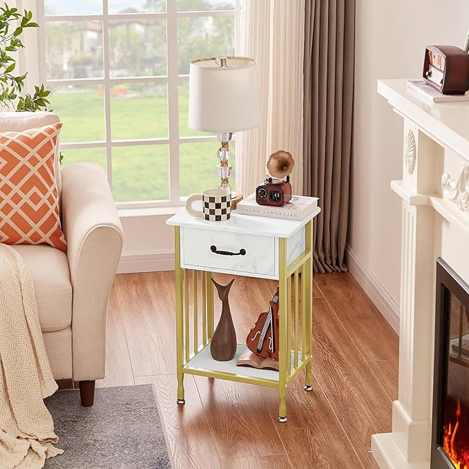 VECELO Nightstands, Industrial Side Table/End Tables with Drawer and Storage Shelf, Night Stands for Bedroom, Living Room, Wood Metal Furniture, Easy Assembly