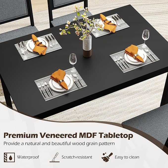Giantex 5-Piece Dining Table Set for 4 - Breakfast Nook Table Set with Kitchen Table, 4 Upholstered Chairs, Wood Legs, Space-Saving Dinette Set, Kitchen Table Chairs Set of 4 (Black+Grey)