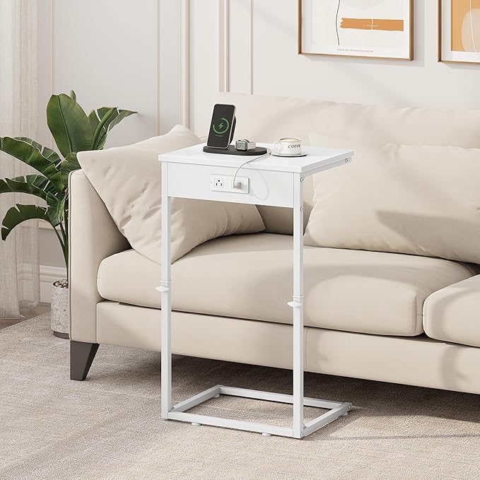 Vagusicc C Shaped End Table with Charging Station, Adjustable Height Side Table for Couch, Small End Table Small Spaces, 33.2'' Tall Couch Tables that Slide Under, Tv Tray Table for Living Room, White
