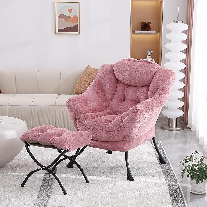 Lazy Chair with Folding Ottoman, Modern Accent Lounge Armchair with Armrests and a Side Pocket & Foldable Footstool, Leisure Reading Chair for Living Room, Bedroom & Dorm, Plush Dark Pink