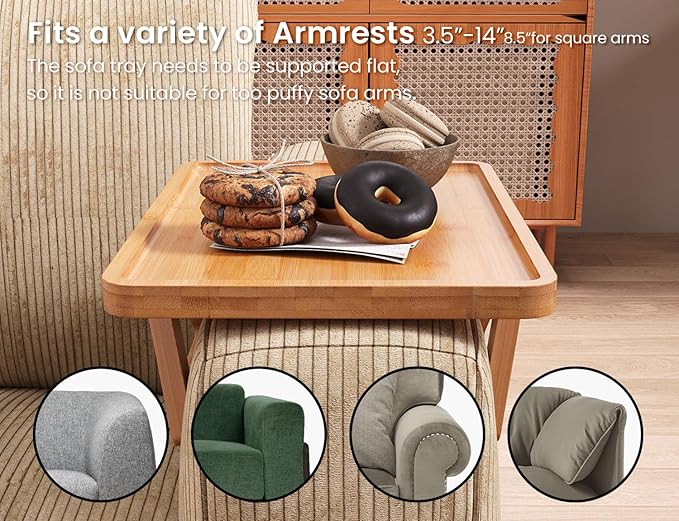 2 Pack Couch Arm Tray,Bamboo Folding Sofa Tray,Sofa Armrest Trays Clip-On Couch Desk for Drinks,Snacks,Phone,Remote Control（Natural）