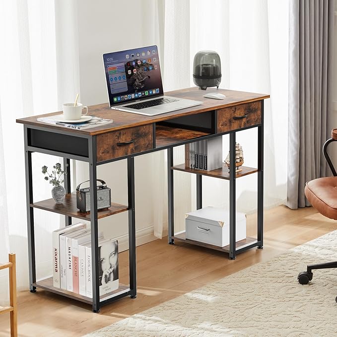 Whitmor Computer Desk - 48 Inch Home Office Study Writing Table with 2 Fabric Drawers, Storage Shelves, Side Bag, Headphone Hook, Brown