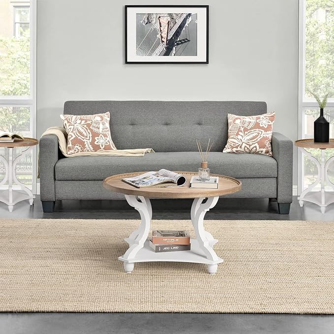 Wnutrees Farmhouse Round Coffee Table, Wood Tray Top Circle Coffee Table with Storage Shelf Rustic Style for Living Room and Vintage Finish, White