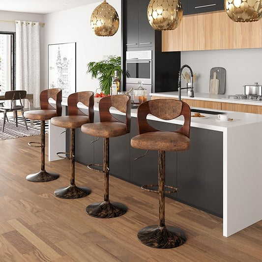 VECELO BarStools Set of 4,Kitchen Island Stools with Bentwood Back,Arm&Footrest,Counter Height Bar Chairs PU Leather Cushion Seat Adjustable Height 360°Swivel,Island Chairs for Club Pub,Rustic Brown