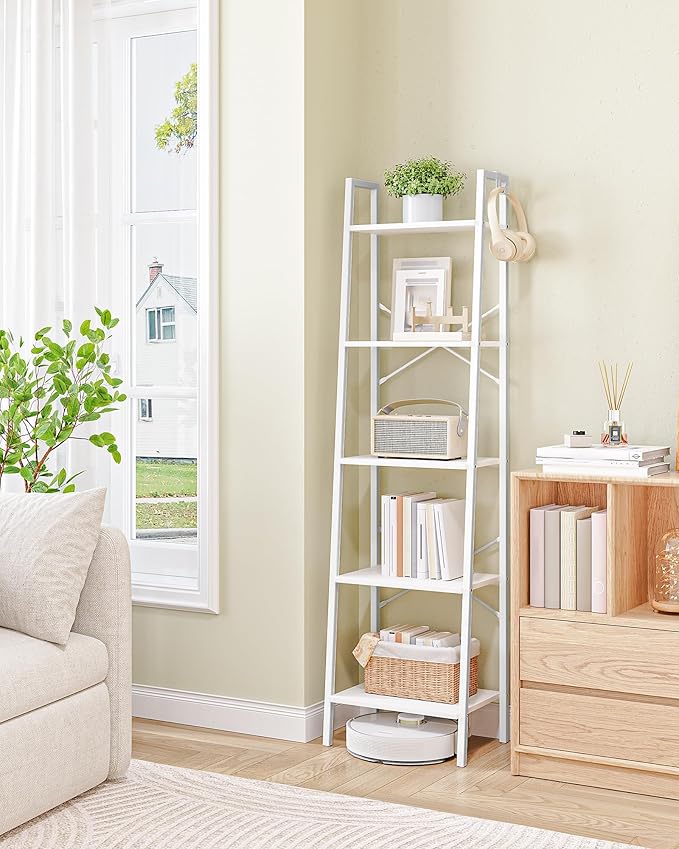 Ladder Shelf, Bookshelf Bookcase, Freestanding Corner Storage Shelve with 2 Hooks for Home Office, Living Room, Kitchen, Bedroom, Industrial, 5-Tier White BC19213W