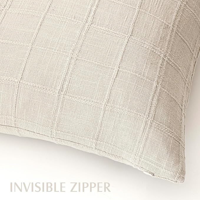 Foindtower Set of 2 Decorative Linen Check Throw Pillow Covers Neutral Farmhouse Vintage Cushion Covers Modern Boho Home Decor For Sofa Chair Couch Bedroom Living Room Outdoor,22×22 Inch,Natural Beige