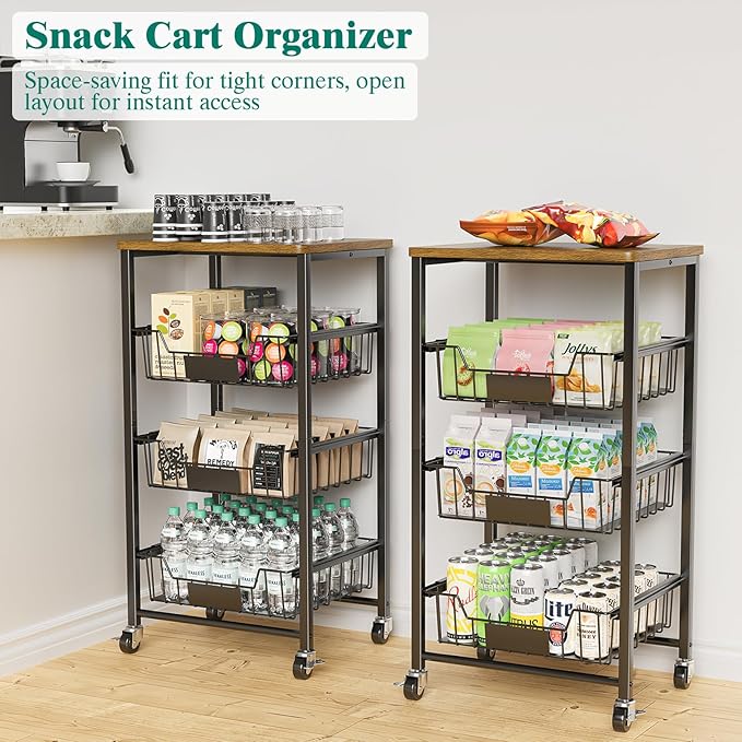 Kitchen Storage Cart with Wheels, 4-Tier Metal Utility Rolling Cart Fruit Vegetable Storage Basket Pantry Rack with Wood Top & Pull Out Baskets for Kitchen, Livingroom, Diningroom, Office