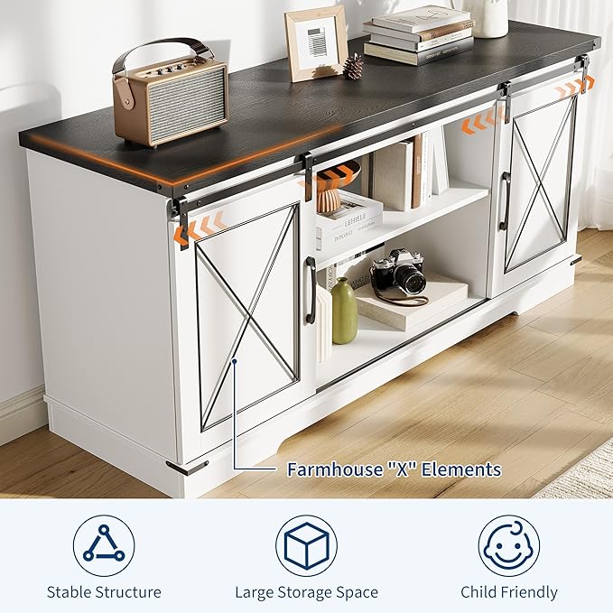 IDEALHOUSE Farmhouse TV Stand and Entertainment Center for Tv up to 65 inches with Sliding Barn Doors and Adjustable Shelf, Tv Media Console Table with Storage Cabinet for Living Room, White & Black
