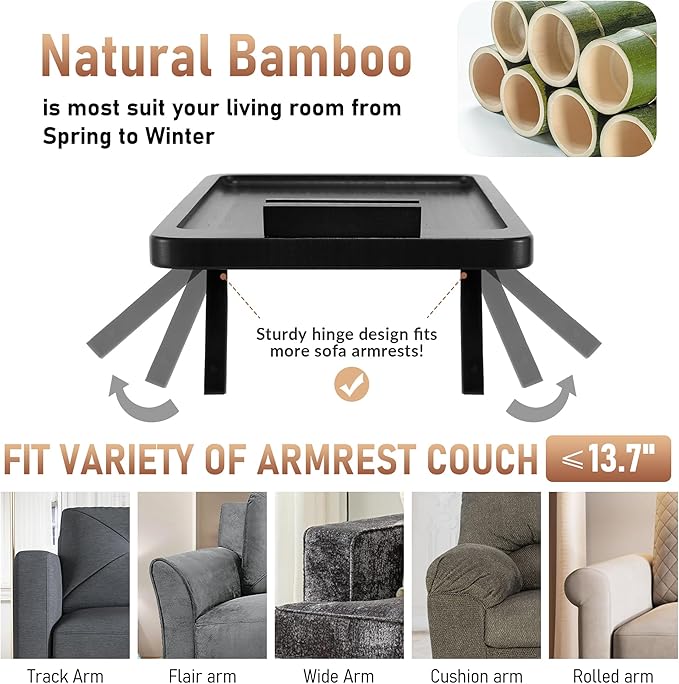 SINWANT Couch Arm Table, Bamboo Clip On Side Table Tray,Foldable Sofa Arm Tray with 360° Phone Holder for Eating Drinking Snacks Remote on Chair Armrest