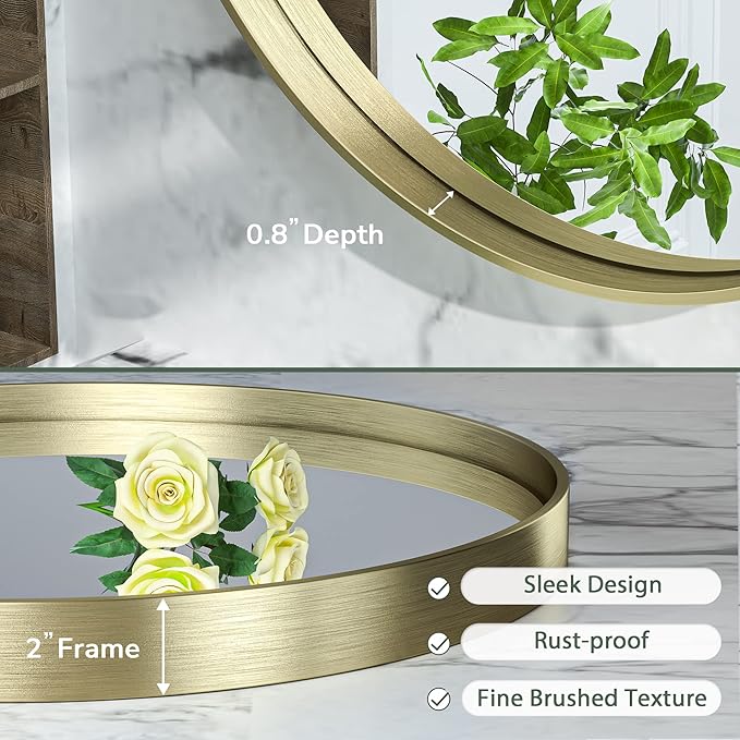 TokeShimi Brushed Gold Round Mirror 24 Inch Gold Round Vanity Bathroom Mirror for Wall Aluminum Alloy Matte Metal Frame Modern Gold Circle Mirror Fit in Minimalist Multi Style Home Decor