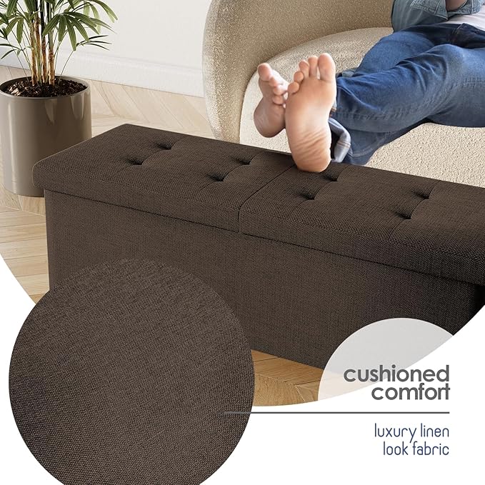 STORAGEBUD Storage Ottoman Bench with Bins, 43-in Storage Bench for Bedroom End of Bed, Folding Foot Rest Ottoman for Living Room Max 660lbs, Fabric Ottomans, Brown